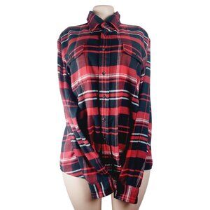 Ralph Lauren Women's Red Black Plaid Cotton Long Sleeve Button-Up Shirt Size L